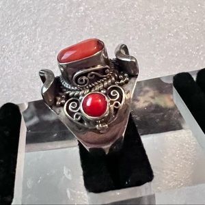Coral and 925 Sterling Ring Native saddle, Size 8